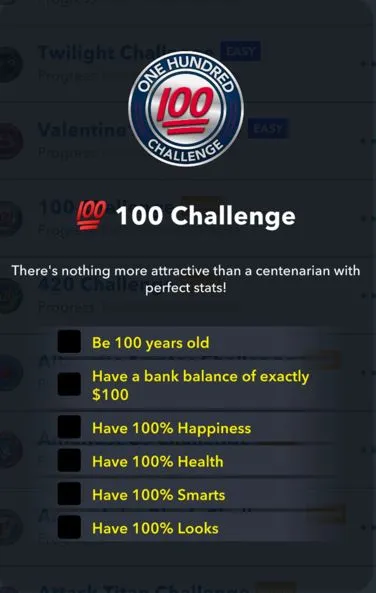 100 challenge in bitlife